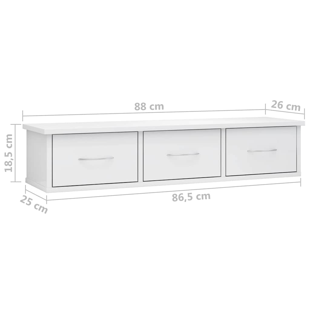 Ράφι Τοίχου με Συρτάρια Γυαλ. Λευκό 88x26x18,5 εκ. Επεξ. Ξύλο
