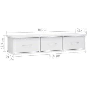 Ράφι Τοίχου με Συρτάρια Γυαλ. Λευκό 88x26x18,5 εκ. Επεξ. Ξύλο