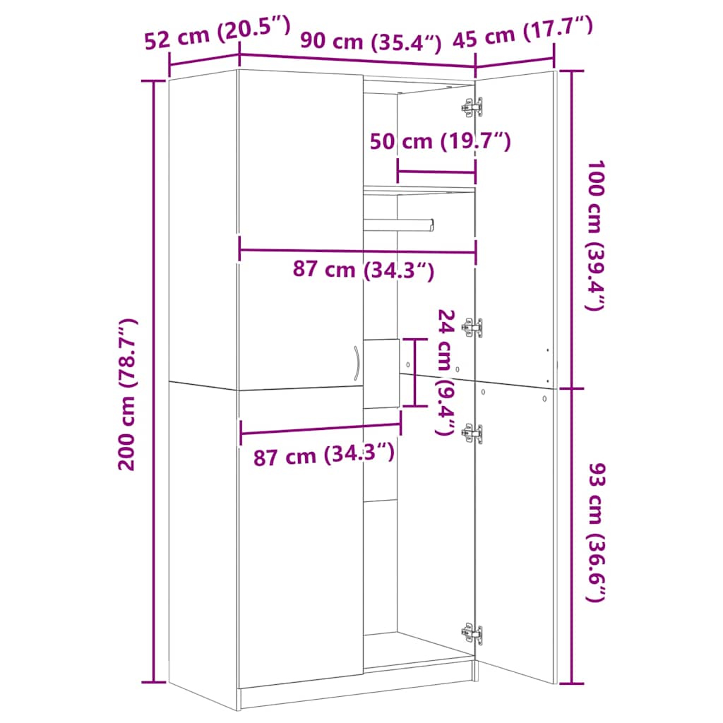 Ντουλάπα Μαύρη 90 x 52 x 200 εκ. από Επεξ. Ξύλο