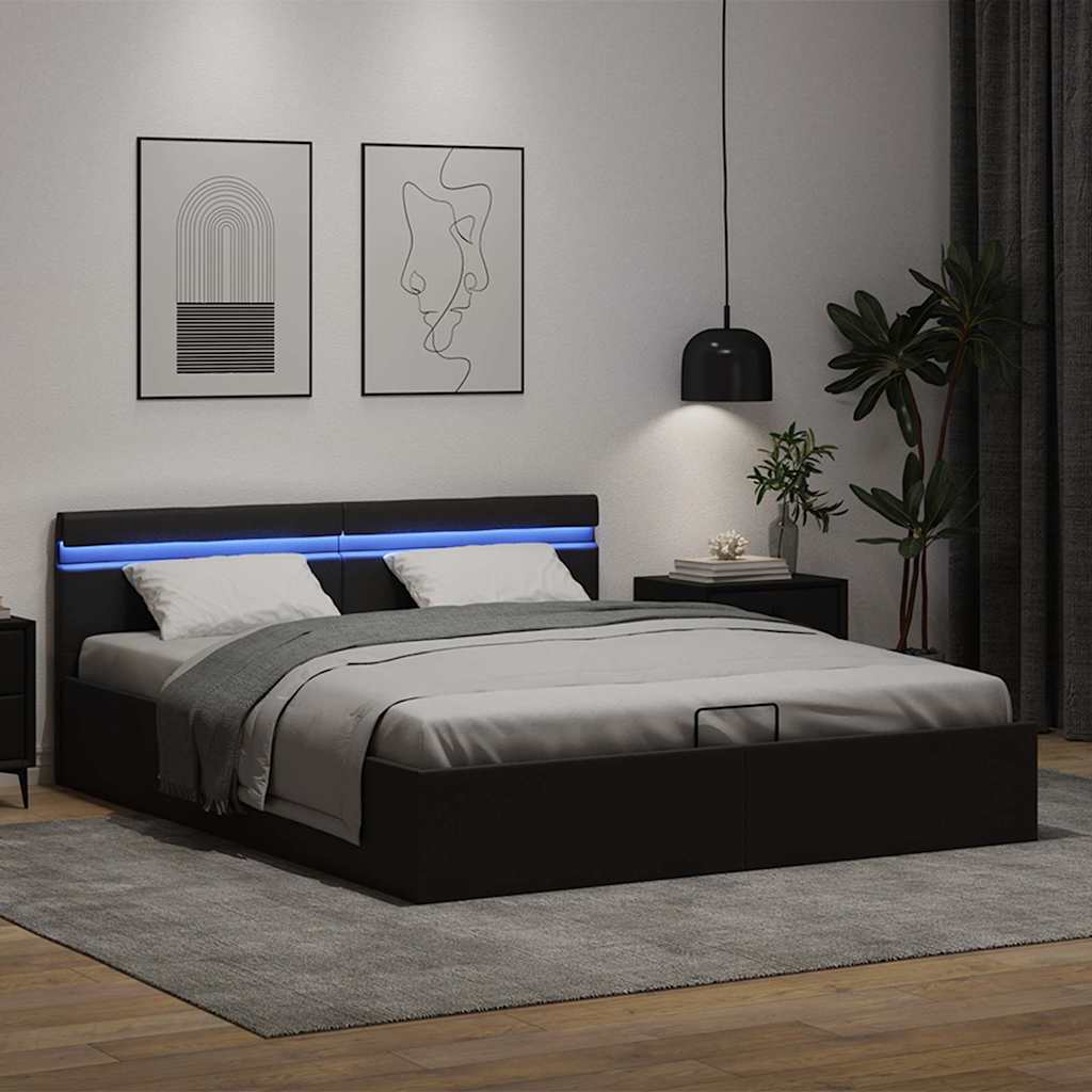 Πλαίσιο Κρεβατιού Αποθ. Χώρο/LED Μαύρο 160x200 εκ. Δερματίνη