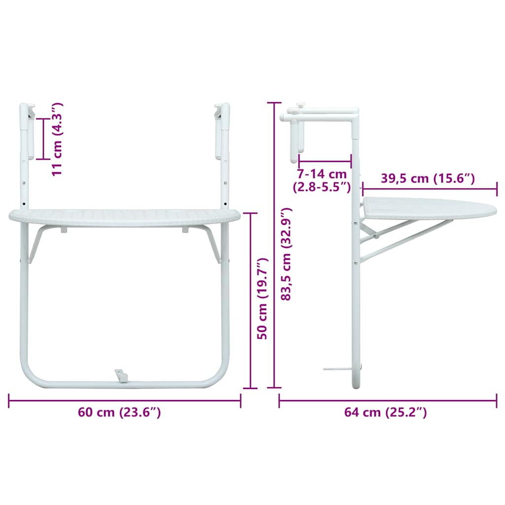 Τραπέζι Μπαλκονιού Κρεμαστό Λευκό 60x64x83,5 εκ. Πλαστικό Ρατάν - Pakobazaar
