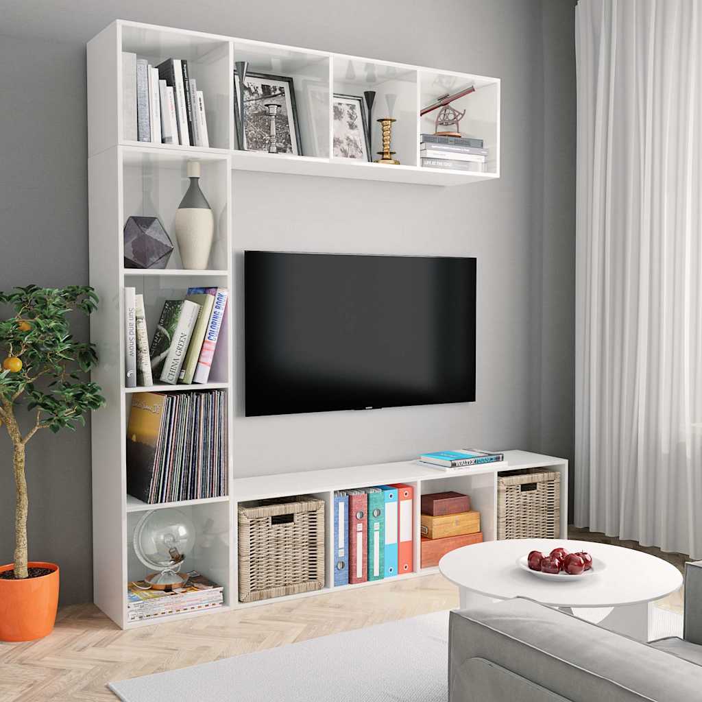 Έπιπλο TV/Βιβλιοθήκη Σετ 3 τεμ. Γυαλιστερό Λευκό 180x30x180 εκ.