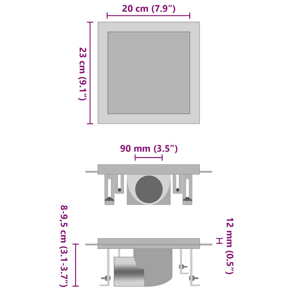 Σιφόνι 2 σε 1 Επίπεδο/Ένθετο Πλακιδίου 23x23 εκ. Ανοξ. Ατσάλι - Pakobazaar