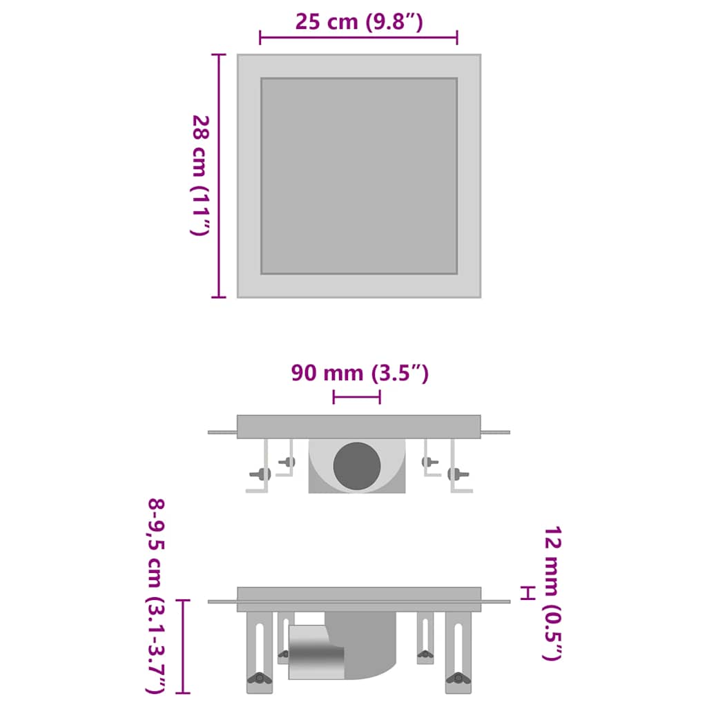 Σιφόνι 2 σε 1 Επίπεδο/Ένθετο Πλακιδίου 28x28 εκ. Ανοξ. Ατσάλι