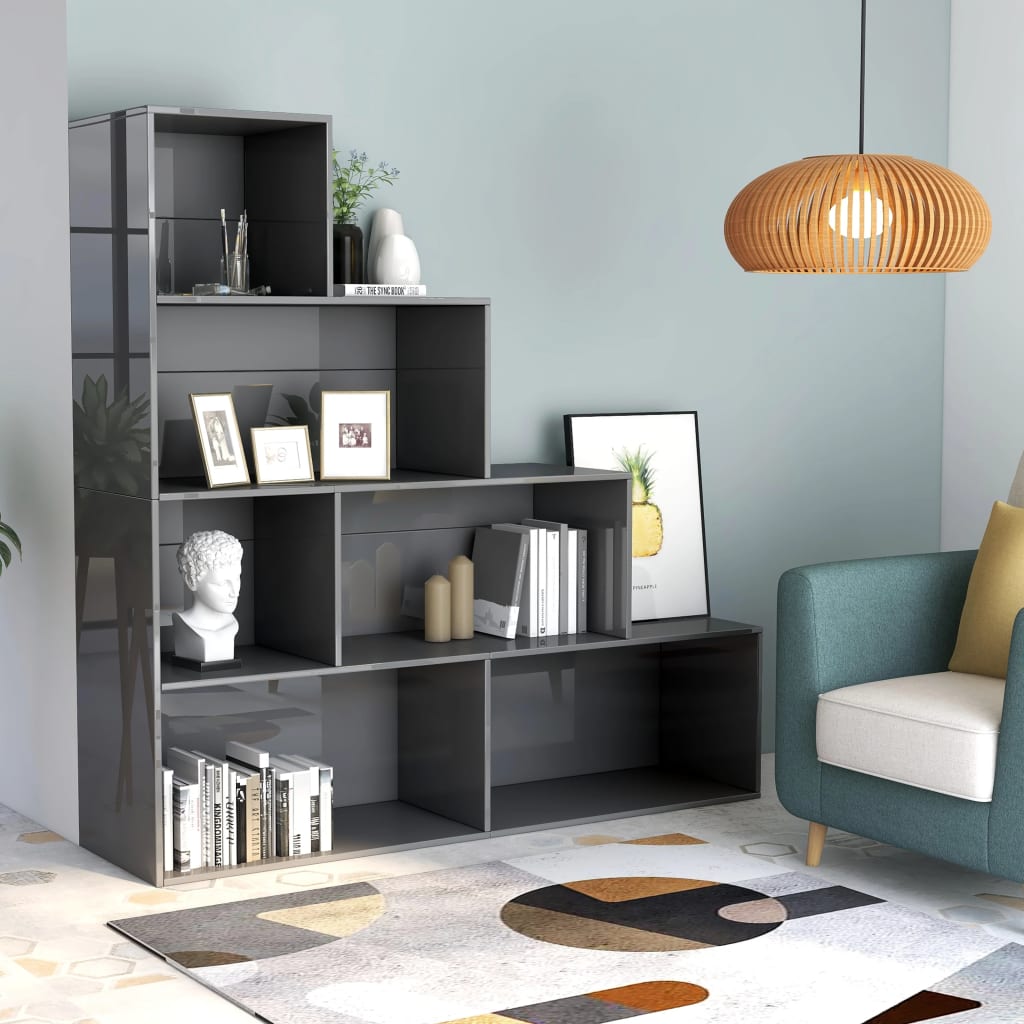 Βιβλιοθήκη/Διαχωριστικό Γυαλιστ. Γκρι 155x24x160 εκ Επεξ. Ξύλο