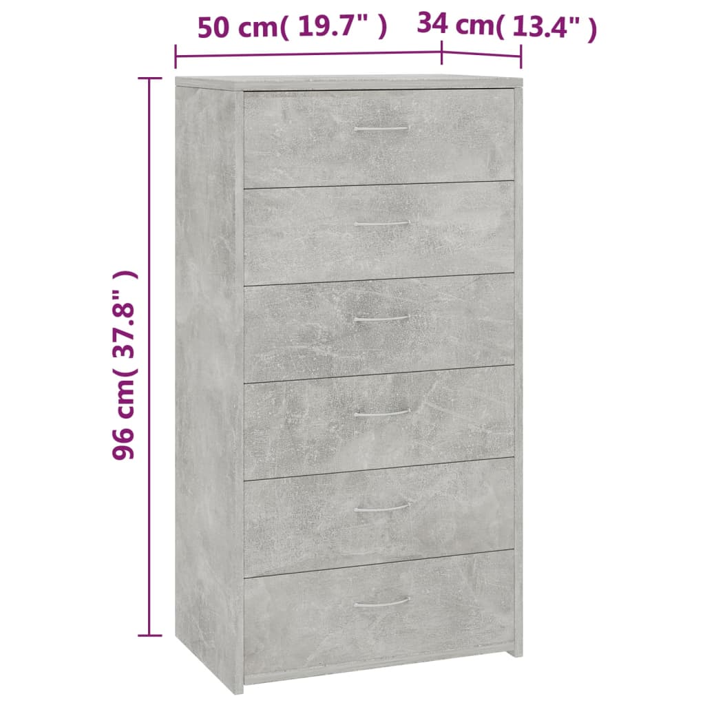 Συρταριέρα με 6 Συρτάρια Γκρι Σκυροδ. 50x34x96 εκ. Επεξ. Ξύλο