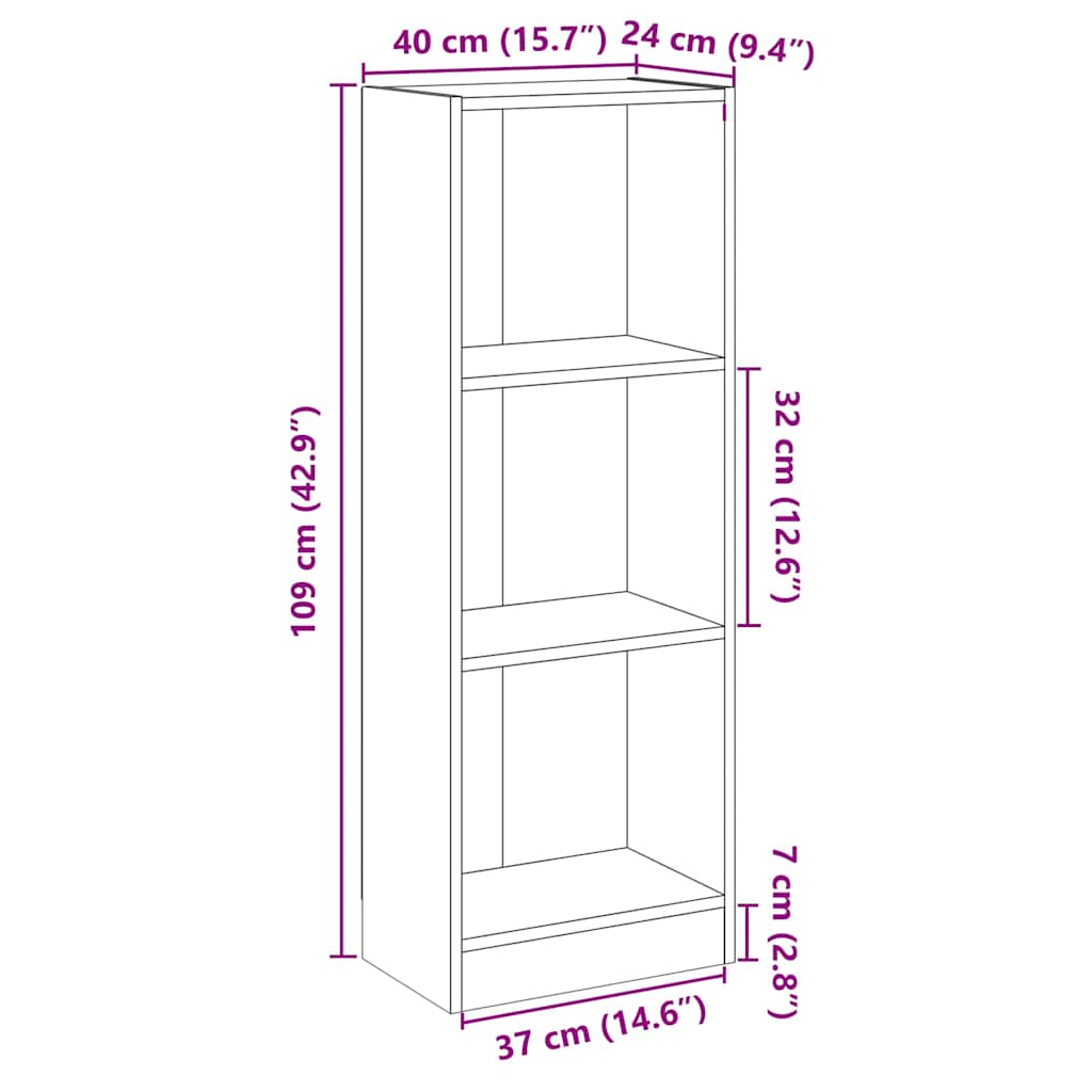 Βιβλιοθήκη με 3 Ράφια Γυαλ. Μαύρο 40x24x109 εκ. Επεξεργ. Ξύλο