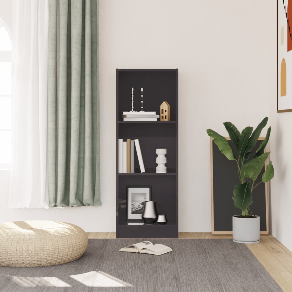 Βιβλιοθήκη με 3 Ράφια Γυαλ. Γκρι 40x24x109 εκ. Επεξεργ. Ξύλο