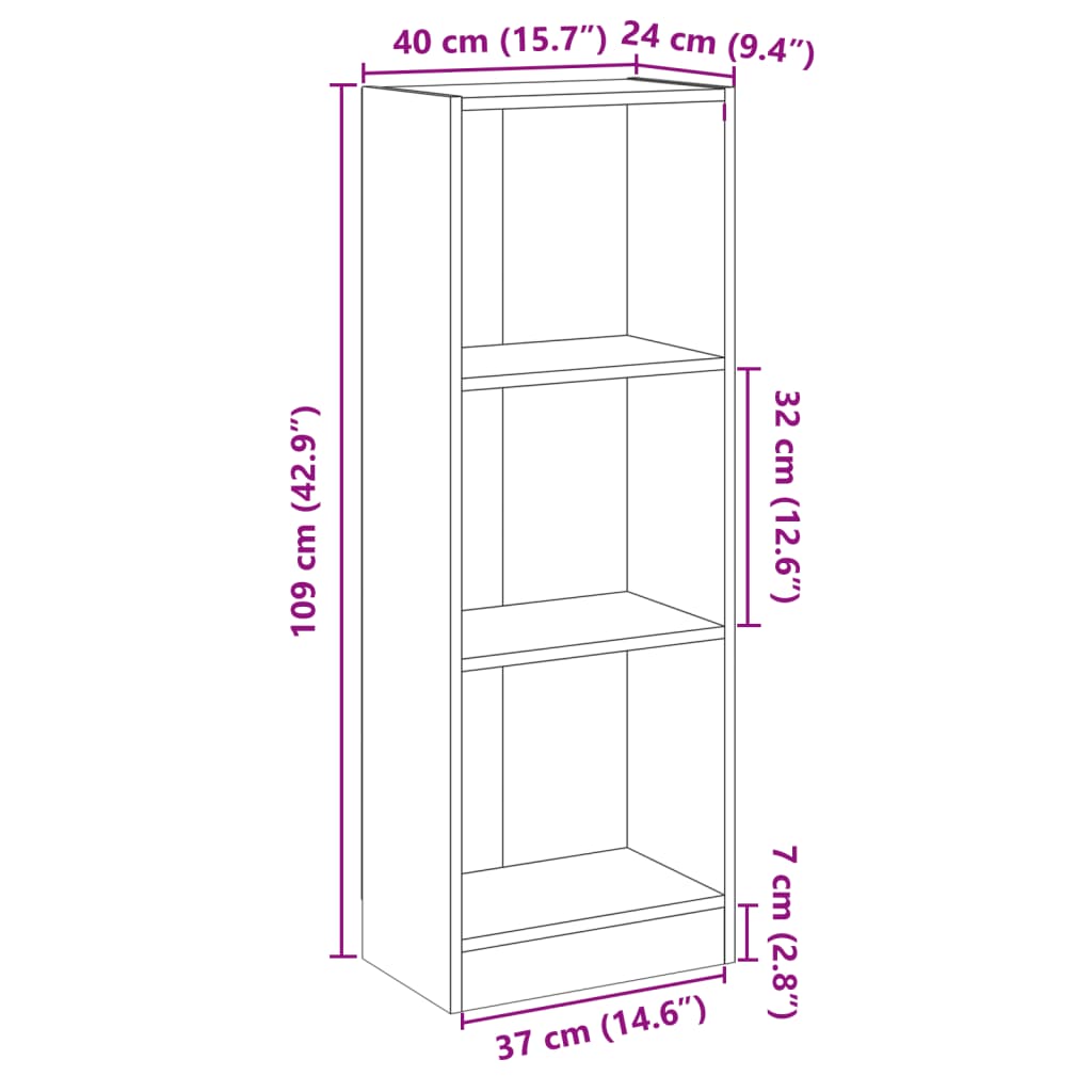 Βιβλιοθήκη με 3 Ράφια Γυαλ. Γκρι 40x24x109 εκ. Επεξεργ. Ξύλο