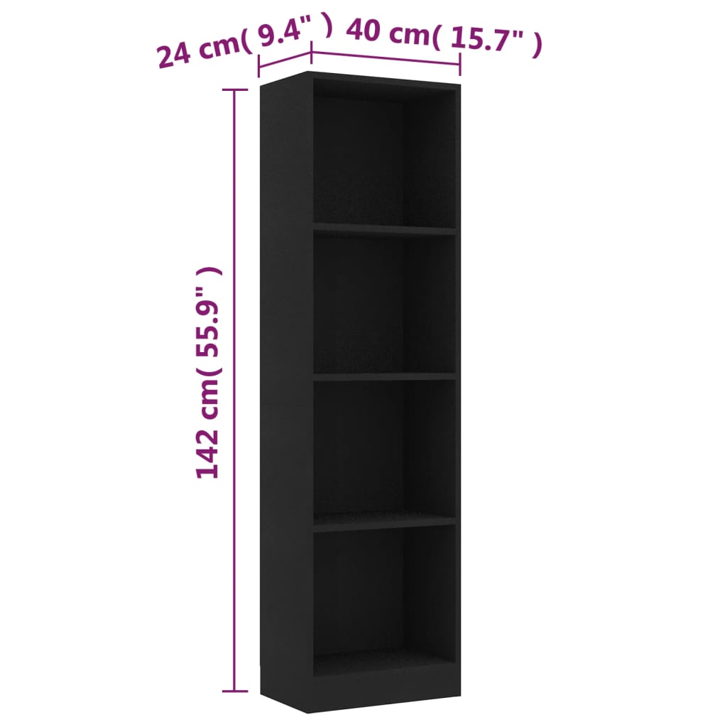 Βιβλιοθήκη με 4 Ράφια Μαύρη 40 x 24 x 142 εκ. από Επεξ. Ξύλο