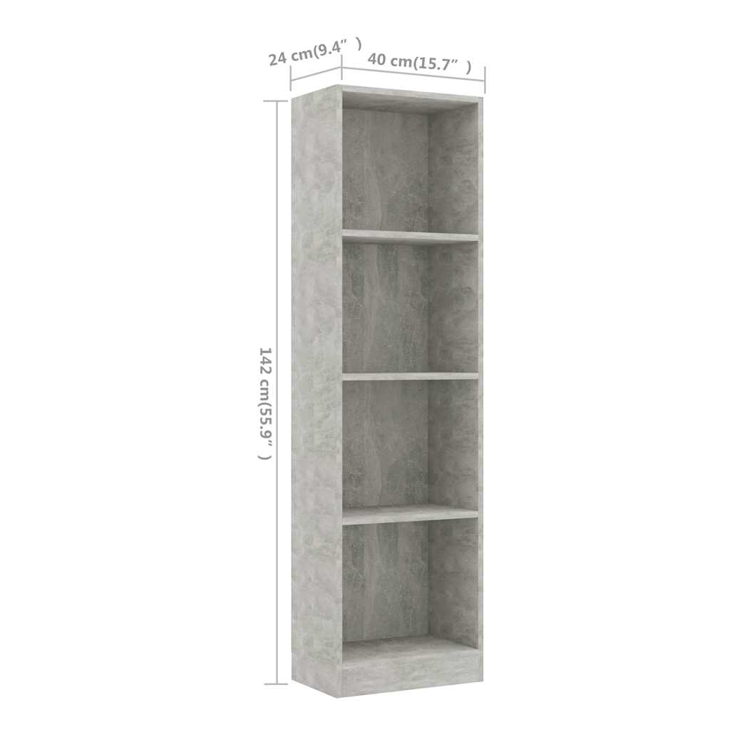 Βιβλιοθήκη με 4 Ράφια Γκρι Σκυροδέμ. 40x24x142 εκ. Επεξ. Ξύλο