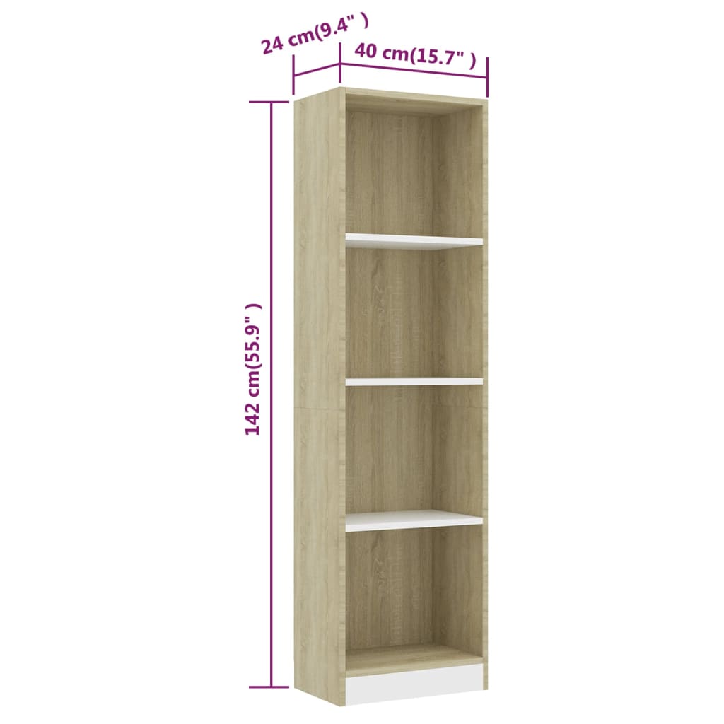 Βιβλιοθήκη με 4 Ράφια Λευκό/Sonoma 40x24x142 εκ. Επεξ. Ξύλο - Pakobazaar