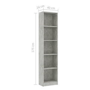 Βιβλιοθήκη με 5 Ράφια Γκρι Σκυροδέμ. 40x24x175 εκ. Επεξ. Ξύλο