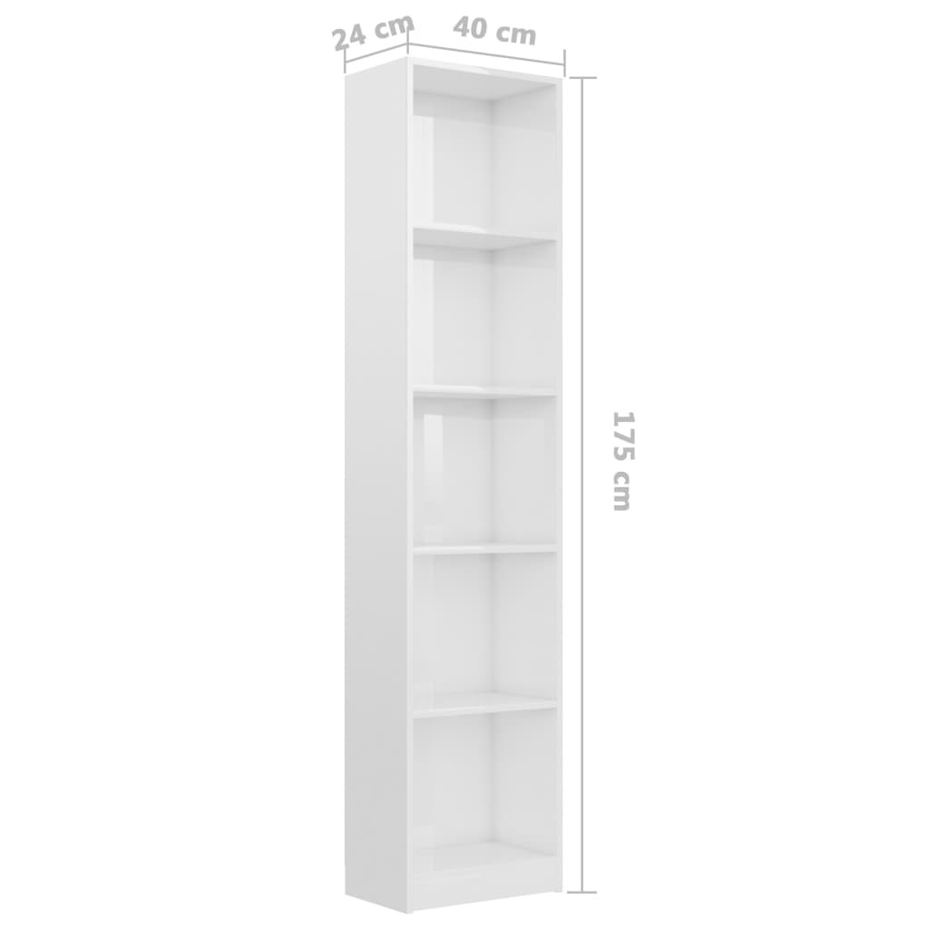 Βιβλιοθήκη με 5 Ράφια Γυαλιστερό Λευκό 40x24x175 εκ Επεξ. Ξύλο