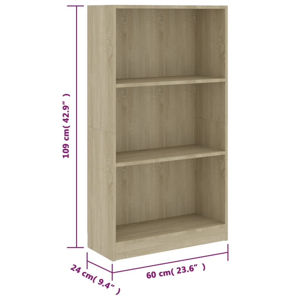 Βιβλιοθήκη με 3 Ράφια Sonoma Δρυς 60x24x109 εκ. Επεξεργ. Ξύλο