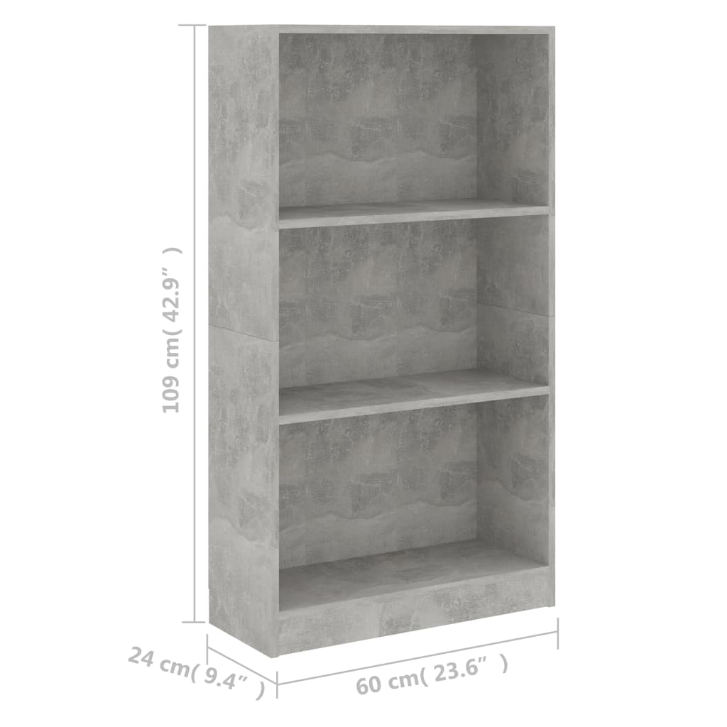 Βιβλιοθήκη με 3 Ράφια Γκρι Σκυροδ. 60x24x109 εκ. Επεξεργ. Ξύλο - Pakobazaar