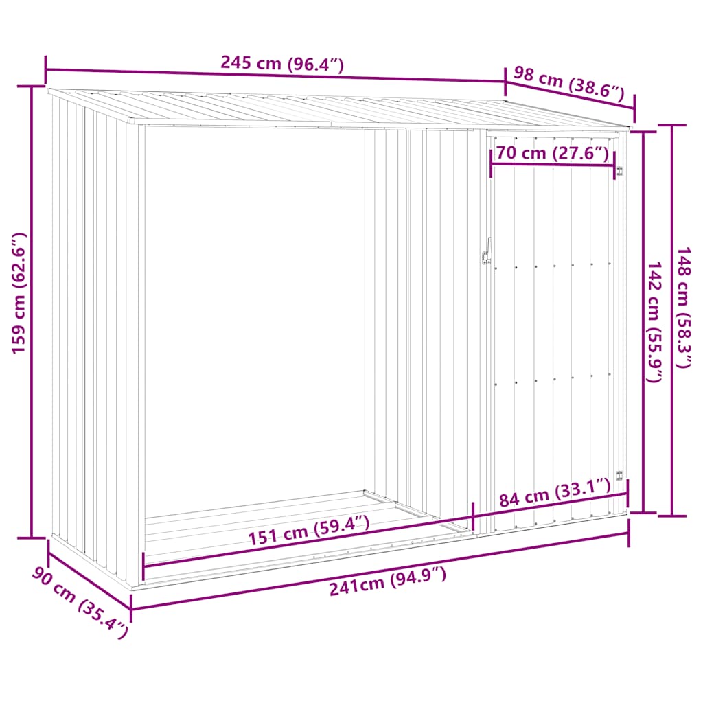 Υπόστεγο Ξύλων/Αποθήκη Κήπου Ανθρακί 245x98x159 εκ Γαλβ. Ατσάλι - Pakobazaar