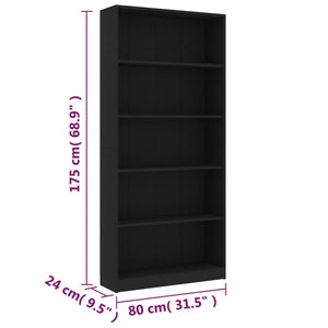 Βιβλιοθήκη με 5 Ράφια Μαύρη 80 x 24 x 175 εκ. από Επεξ. Ξύλο