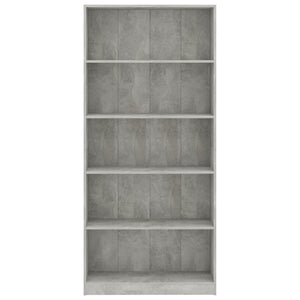 Βιβλιοθήκη 5 Ράφια Γκρι Σκυροδέματος 80x24x175 εκ. Επεξ. Ξύλο