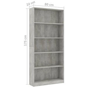 Βιβλιοθήκη 5 Ράφια Γκρι Σκυροδέματος 80x24x175 εκ. Επεξ. Ξύλο