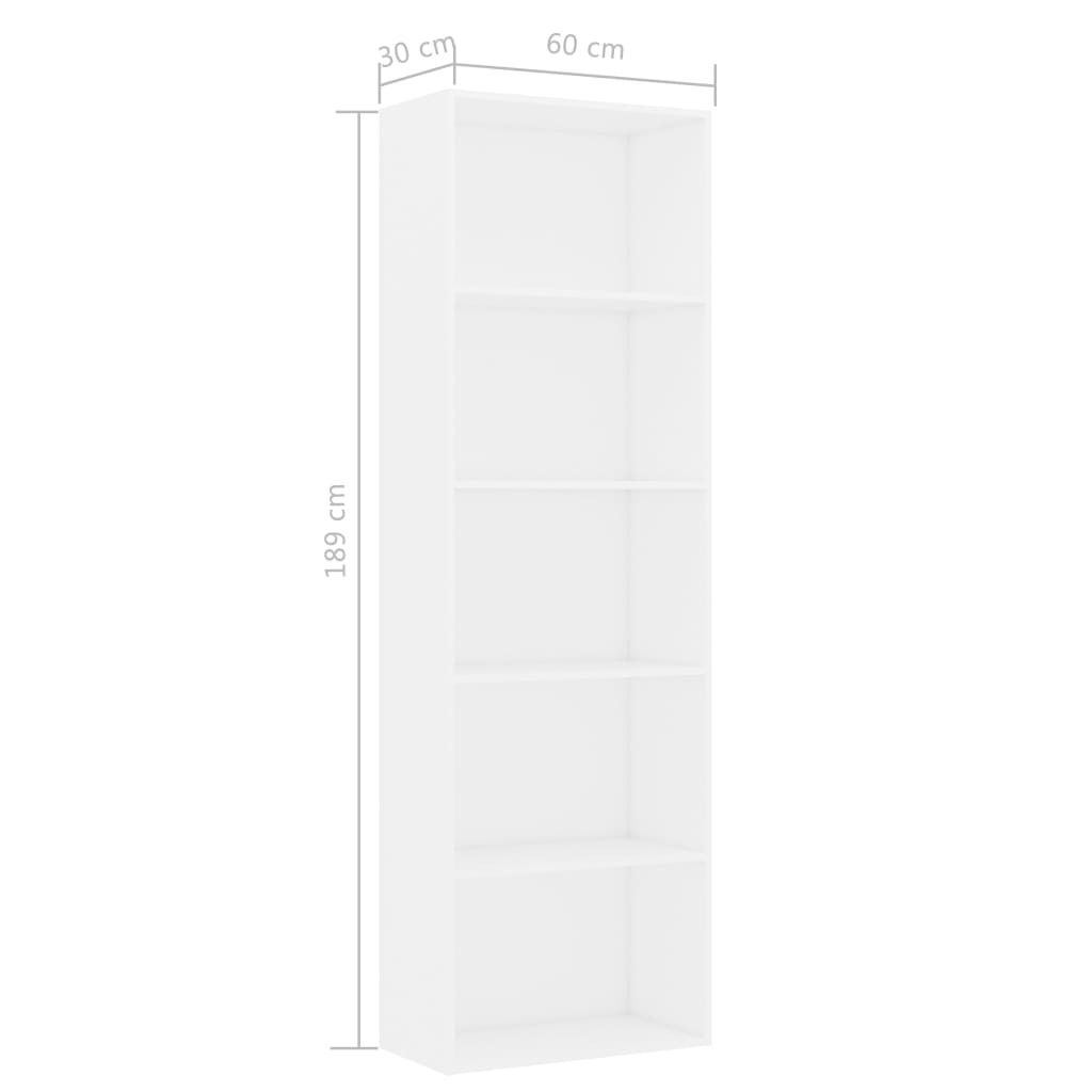 Βιβλιοθήκη με 5 Ράφια Λευκή 60 x 30 x 189 εκ. από Επεξ. Ξύλο