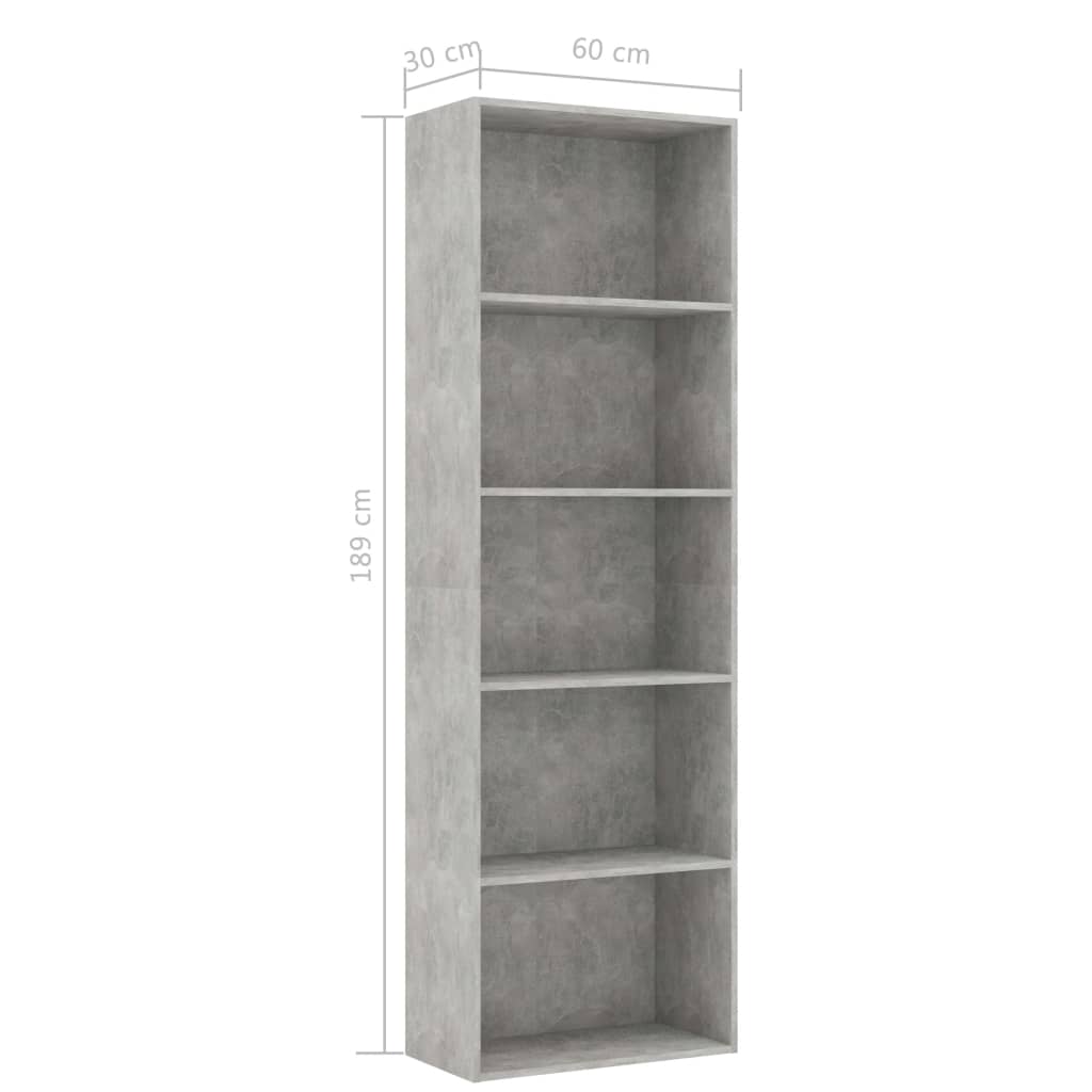 Βιβλιοθήκη με 5 Ράφια Γκρι Σκυροδέμ. 60x30x189 εκ. Επεξ. Ξύλο