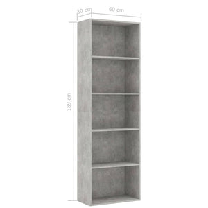 Βιβλιοθήκη με 5 Ράφια Γκρι Σκυροδέμ. 60x30x189 εκ. Επεξ. Ξύλο