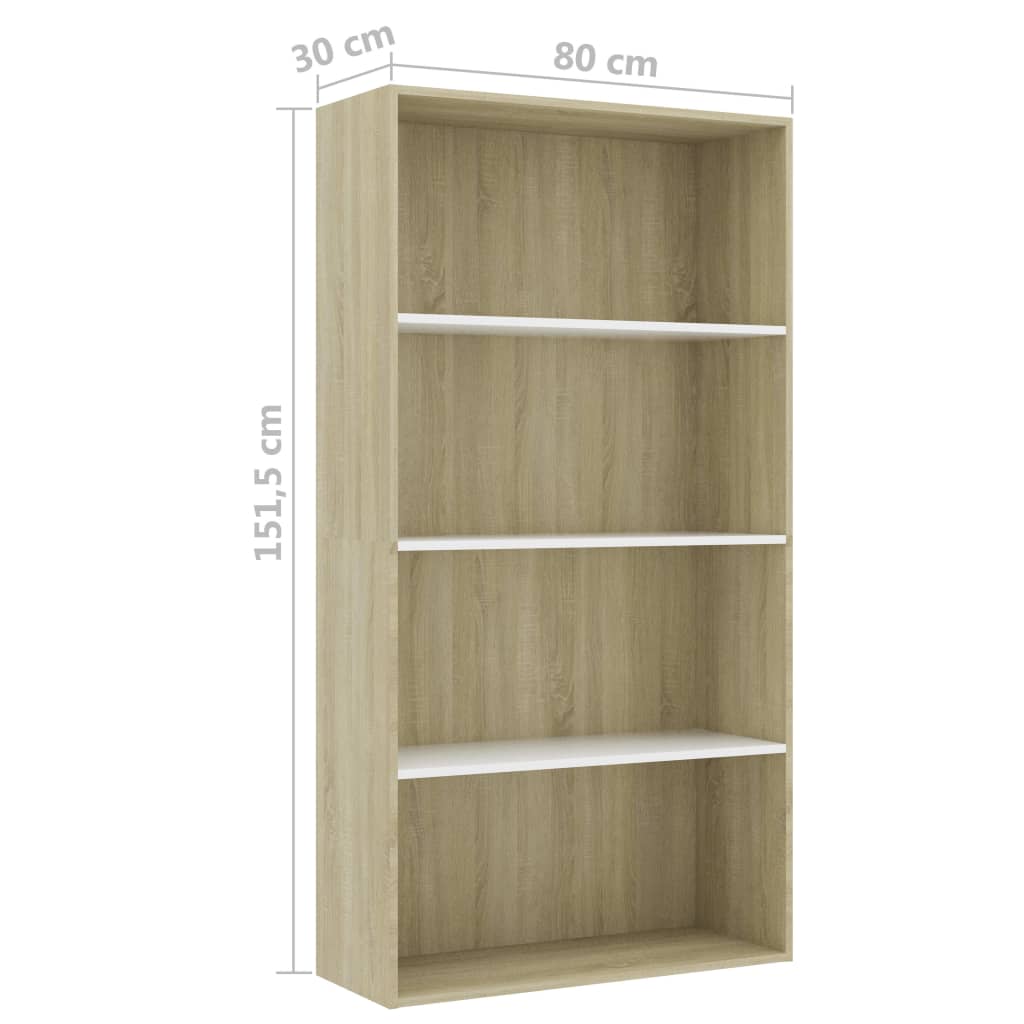 Βιβλιοθήκη με 4 Ράφια Λευκή/Sonoma Δρυς 80x30x151,5 εκ Επ. Ξύλο