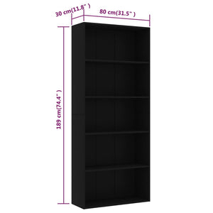 Βιβλιοθήκη με 5 Ράφια Μαύρη 80 x 30 x 189 εκ. Επεξ. Ξύλο
