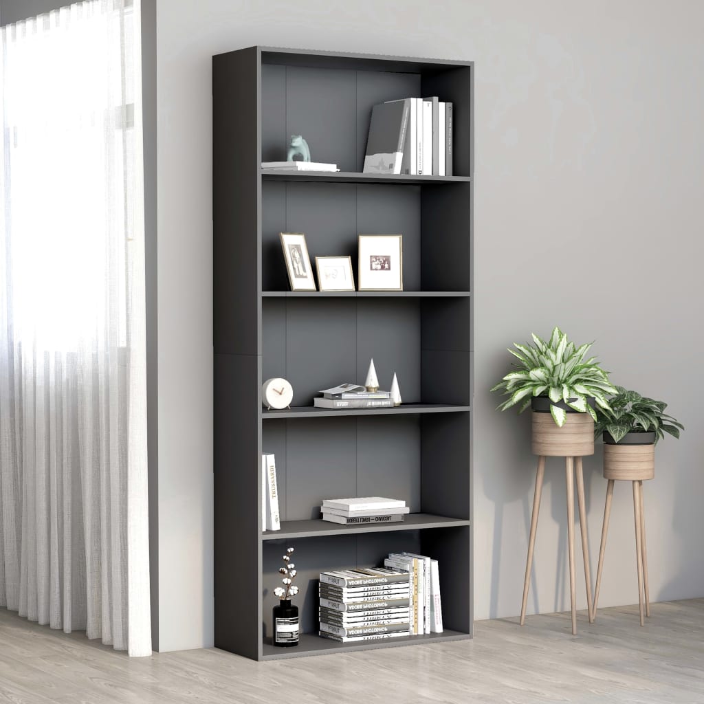 Βιβλιοθήκη με 5 Ράφια Γκρι 80 x 30 x 189 εκ. Μοριοσανίδα