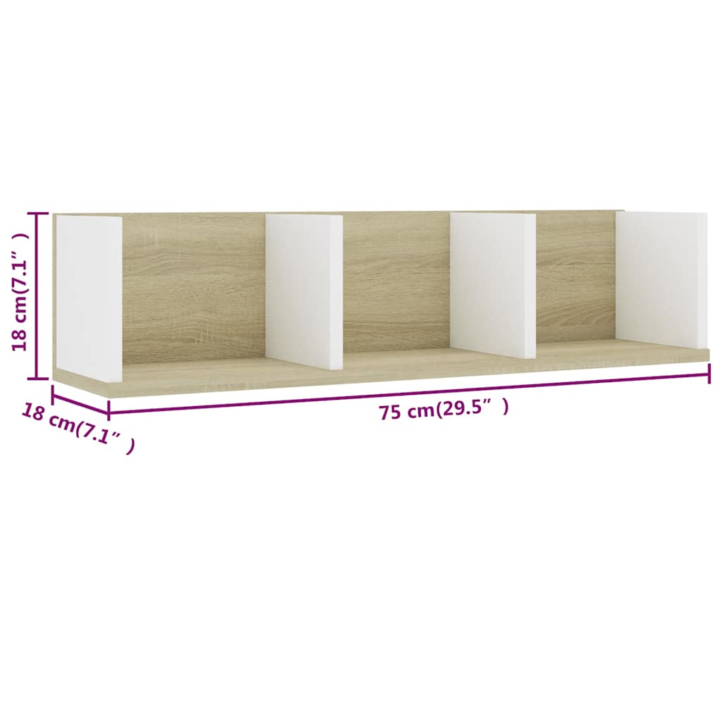 Ράφι Τοίχου για CD Λευκό/Sonoma Δρυς 75x18x18εκ. από Επεξ. Ξύλο