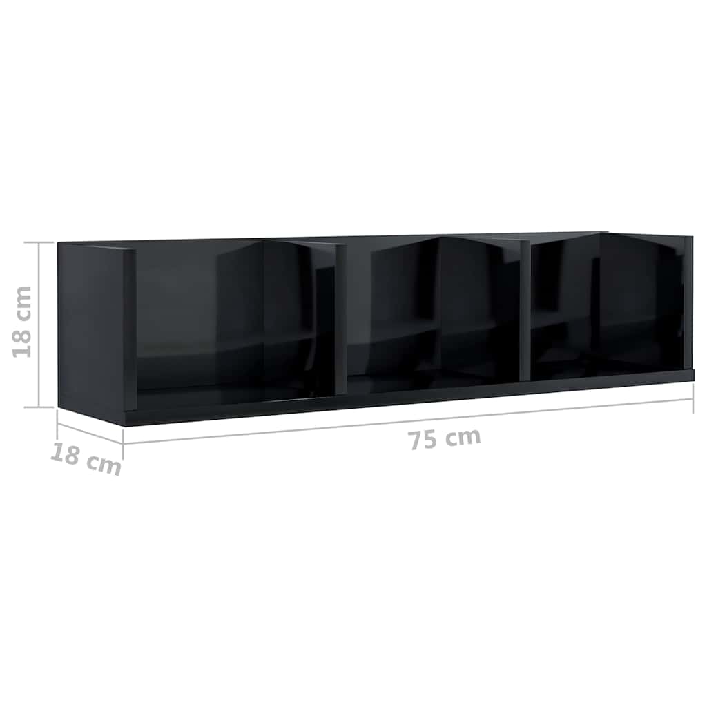 Ράφι Τοίχου για CD Γυαλιστερό Μαύρο 75x18x18 εκ. από Επεξ. Ξύλο