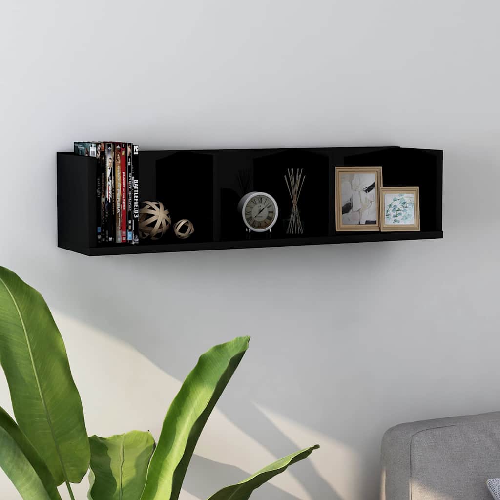 Ράφι Τοίχου για CD Γυαλιστερό Μαύρο 75x18x18 εκ. από Επεξ. Ξύλο
