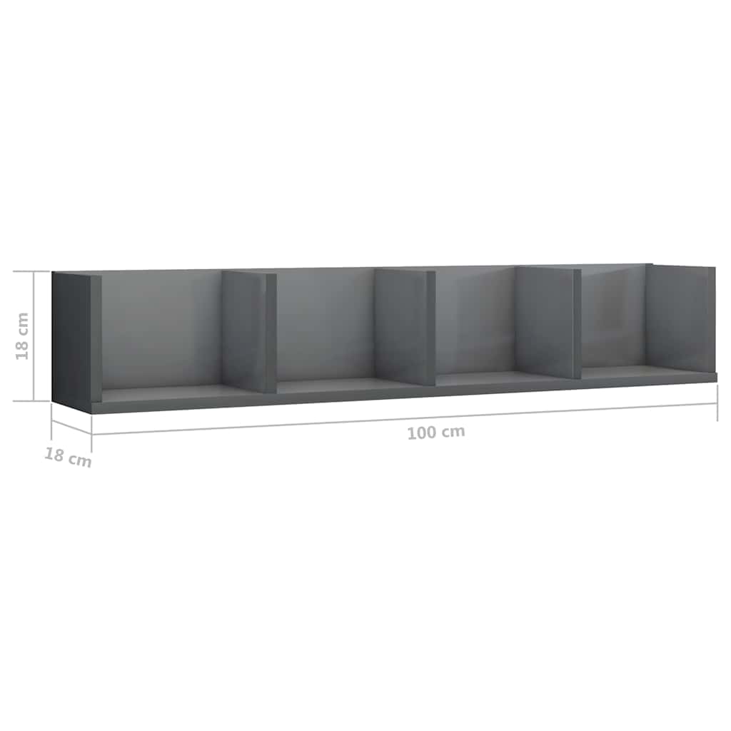 Ράφι Τοίχου για CD Γυαλιστερό Γκρι 100x18x18εκ. από Επεξ. Ξύλο