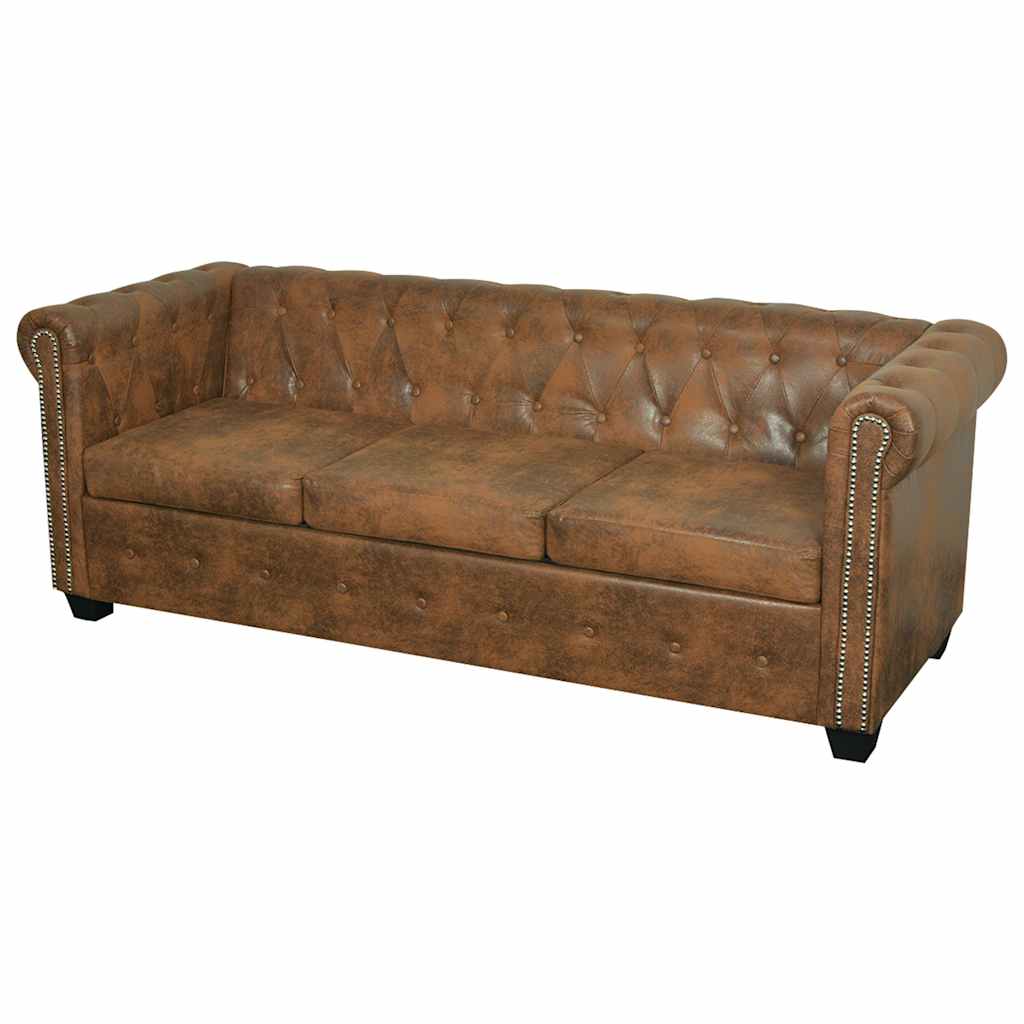 Chesterfield Καναπές 3 Θέσεων Καφέ Τεχνητό Δέρμα - Pakobazaar