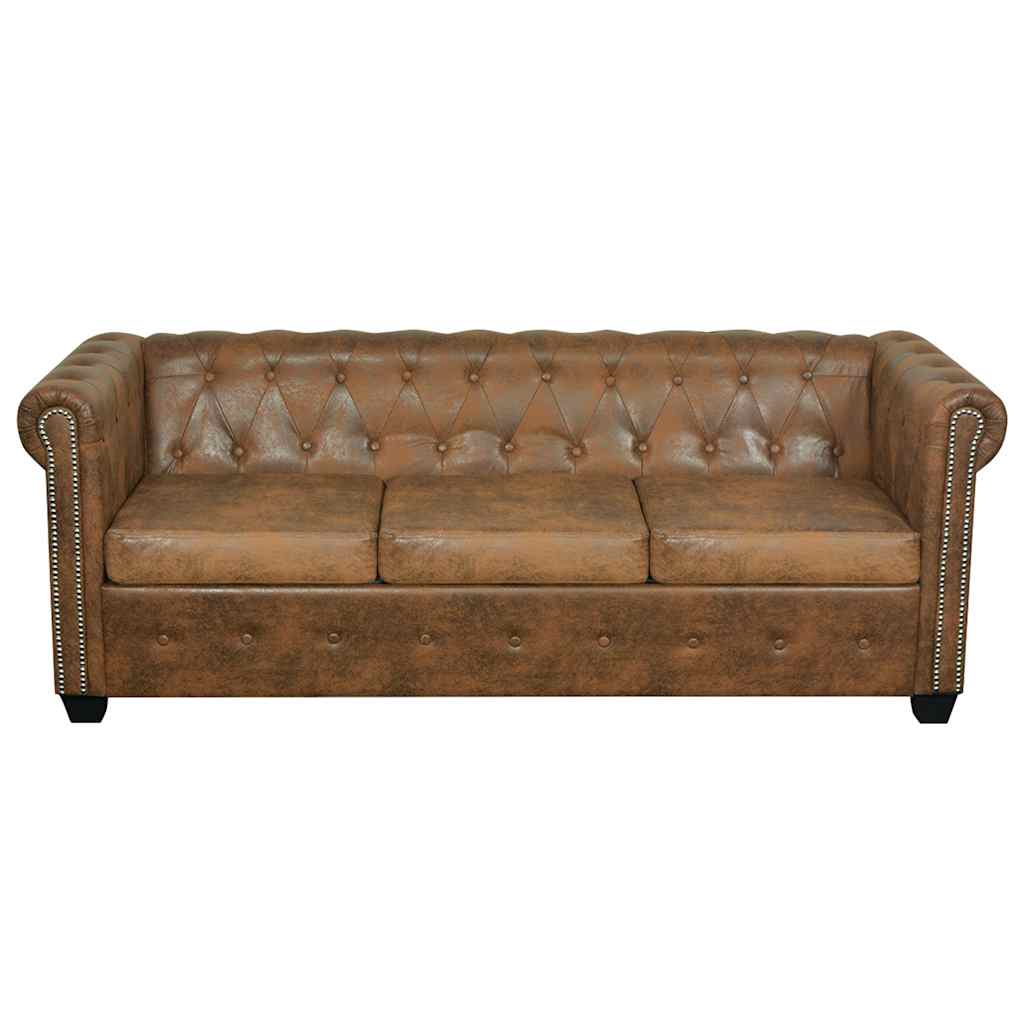 Chesterfield Καναπές 3 Θέσεων Καφέ Τεχνητό Δέρμα - Pakobazaar