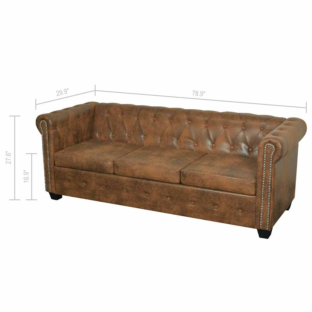 Chesterfield Καναπές 3 Θέσεων Καφέ Τεχνητό Δέρμα - Pakobazaar
