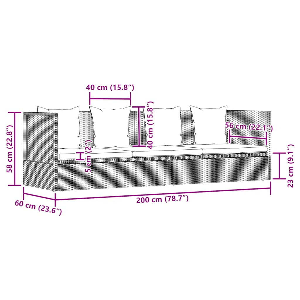 Ξαπλώστρα - Κρεβάτι Κήπου Μαύρο Συνθετικό Ρατάν με Μαξιλάρια - Pakobazaar