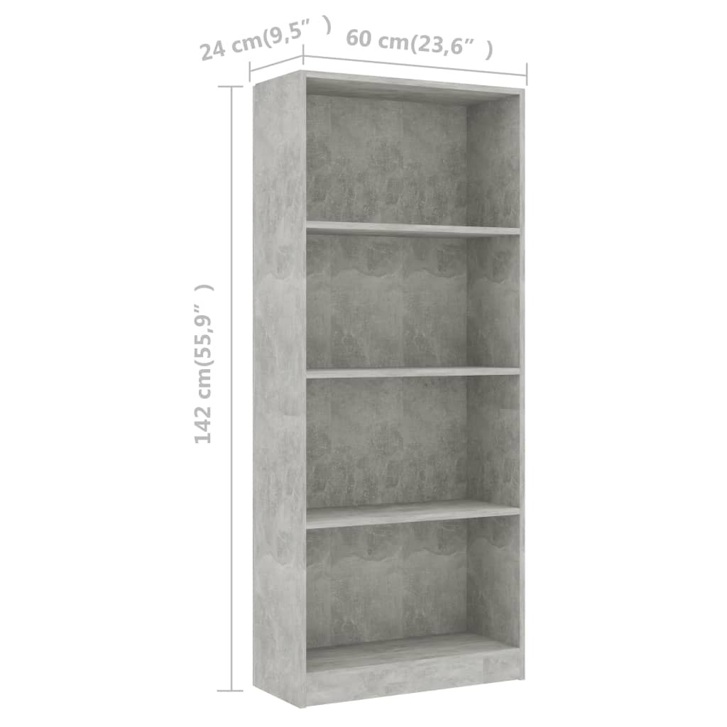 Βιβλιοθήκη με 4 Ράφια Γκρι Σκυροδεμ. 60x24x142 εκ. Επεξ. Ξύλο