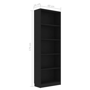 Βιβλιοθήκη με 5 Ράφια Μαύρη 60 x 24 x 175 εκ. από Επεξ. Ξύλο