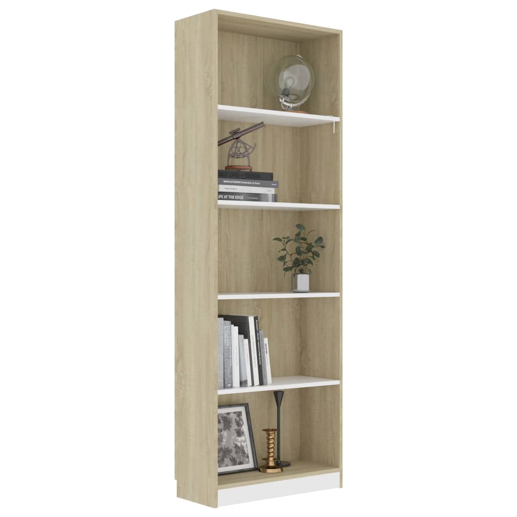 Βιβλιοθήκη με 5 Ράφια Λευκό/Sonoma 60x24x175 εκ. Μοριοσανίδα