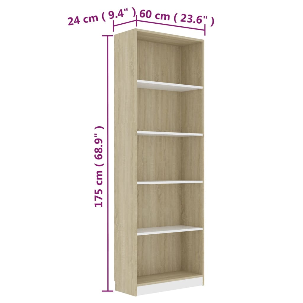 Βιβλιοθήκη με 5 Ράφια Λευκό/Sonoma 60x24x175 εκ. Μοριοσανίδα