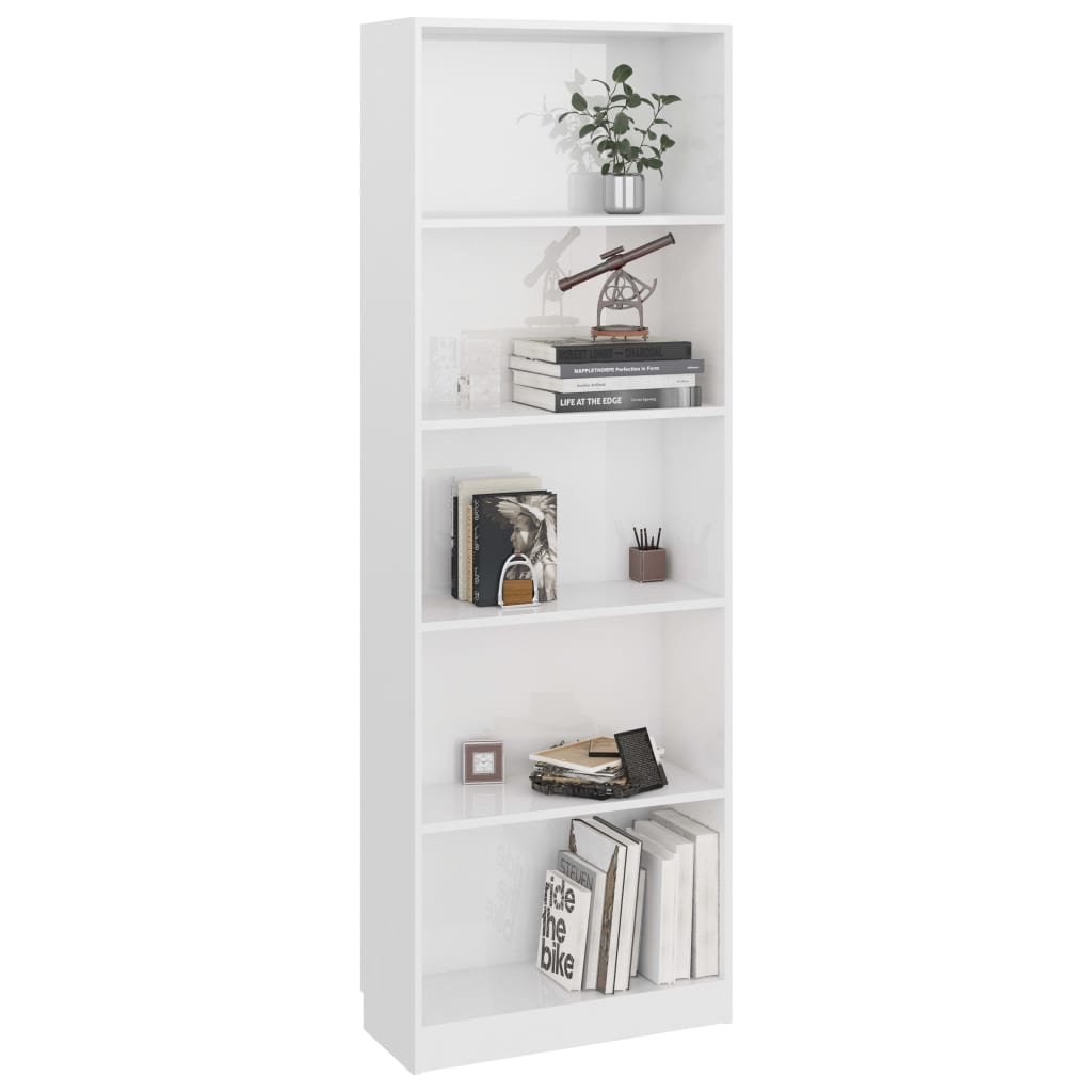 Βιβλιοθήκη με 5 Ράφια Γυαλιστερό Λευκό 60x24x175 εκ Επεξ. Ξύλο