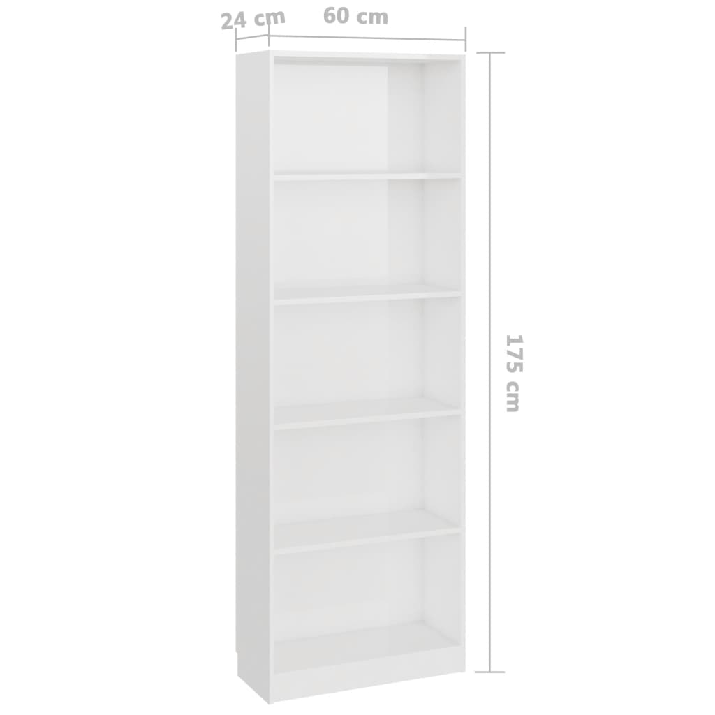 Βιβλιοθήκη με 5 Ράφια Γυαλιστερό Λευκό 60x24x175 εκ Επεξ. Ξύλο