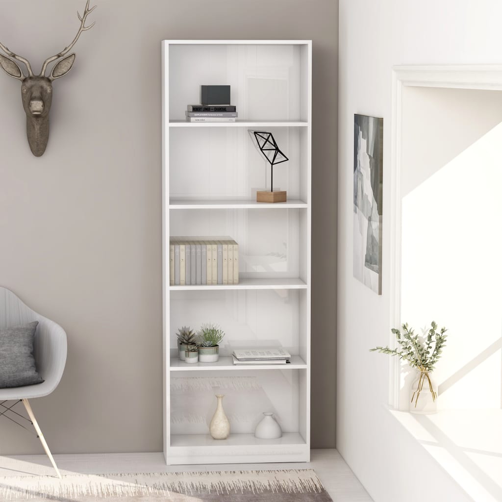 Βιβλιοθήκη με 5 Ράφια Γυαλιστερό Λευκό 60x24x175 εκ Επεξ. Ξύλο