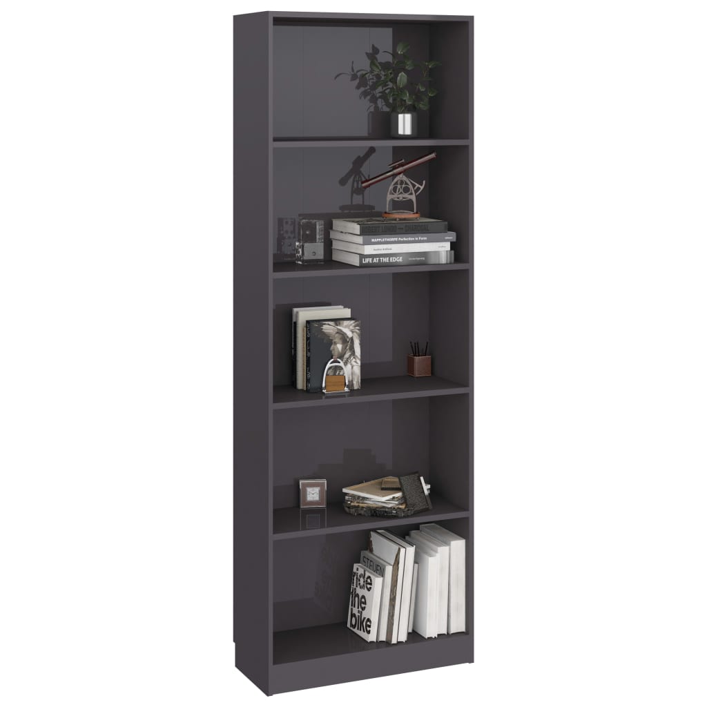 Βιβλιοθήκη με 5 Ράφια Γυαλιστερό Γκρι 60x24x175 εκ. Επεξ. Ξύλο