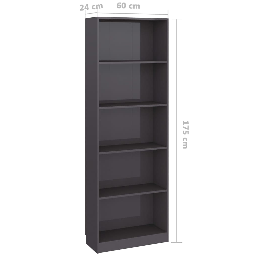 Βιβλιοθήκη με 5 Ράφια Γυαλιστερό Γκρι 60x24x175 εκ. Επεξ. Ξύλο