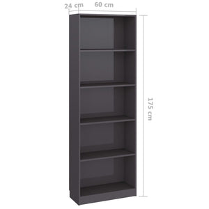 Βιβλιοθήκη με 5 Ράφια Γυαλιστερό Γκρι 60x24x175 εκ. Επεξ. Ξύλο