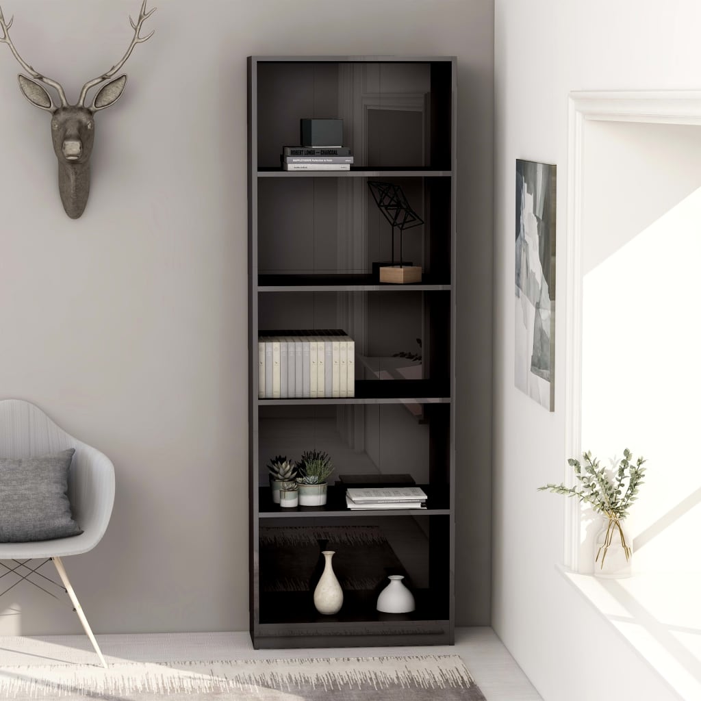 Βιβλιοθήκη με 5 Ράφια Γυαλιστερό Γκρι 60x24x175 εκ. Επεξ. Ξύλο
