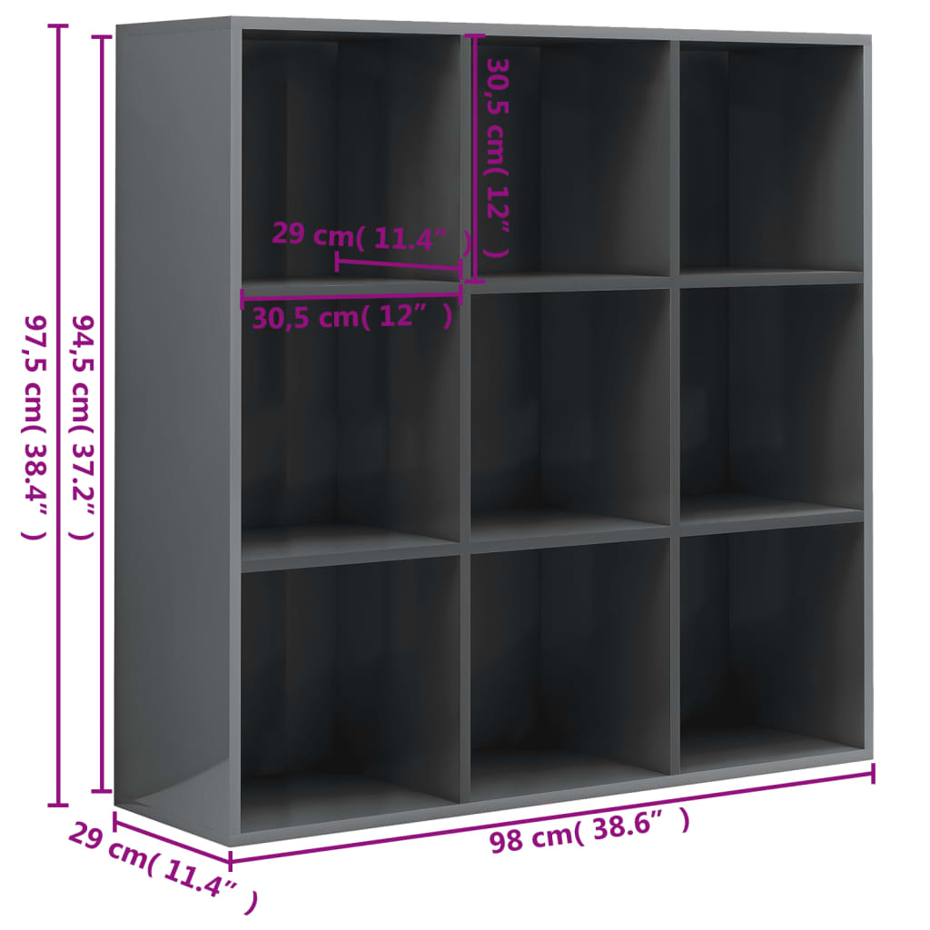 Βιβλιοθήκη Γυαλιστερό Γκρι 98x29x97,5 εκ. Επεξεργασμένο Ξύλο